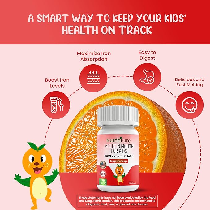 Chewable Iron Supplements for Kids (Ferronyl®/Carbonyl Iron 9 mg with Vitamin C 30 mg) Tablet in Tangerine Tango Orange Flavor Kids Iron Supplement 90 Count (2 Bottles)