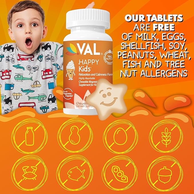 VAL Magnesium for Kids | High-Absorption Magnesium for Calm, Relaxation & Focus | Magnesium Glycinate, Citrate & Taurate | with Vitamin B6, D & C | Sugar-Free, Non-GMO | Vanilla | 60 Chewable Tablets