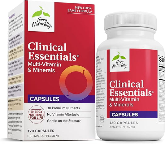 Terry Naturally Clinical Essentials - 120 Capsules - Multi-Vitamin & Minerals - Gentle on The Stomach, No Vitamin Aftertaste - Non-GMO, Gluten Free - 30 Servings