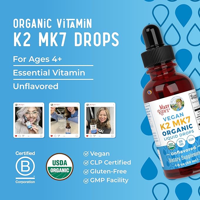 MaryRuth Organics USDA Organic Vitamin K2 MCT Liquid Drops for Adults & Kids | 100 mcg K2 MK7 per serving + Organic MCT Oil | Vegan K2 Vitamin for Bone Health | Heart Health | Calcium Absorption | 1oz
