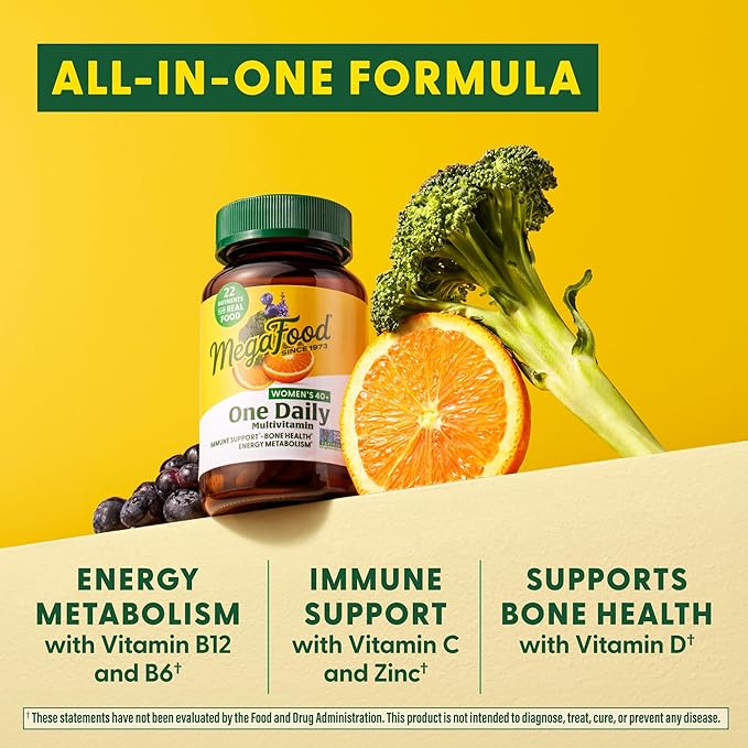 MegaFood Women's 40+ One Daily Multivitamin for Women with Vitamin B12, Vitamin B6, Vitamin C, Vitamin D, Zinc & Iron – Plus Real Food - Immune Support - Bone Health - Non-GMO - Vegetarian - 60 Tabs