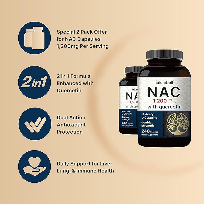 2 Pack NAC Supplement (N-Acetyl Cysteine) with Quercetin, 1,200mg Per Serving, 480 Capsules | Double Strength Antioxidant Support for Immune, Liver, & Lung Health – Non-GMO
