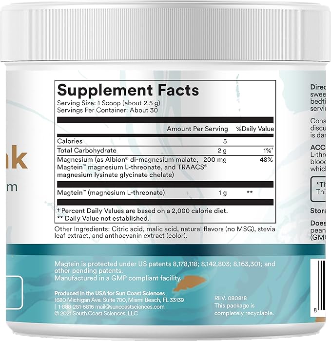 Sun Coast Science Sun Coast Sciences AccuThink - Patented Magnesium Brain - 2.64oz Memory Supplement Brain Health, Sleep, Mood Boost - Cognitive Support Supplement Magnesium Threonate Vitamin C