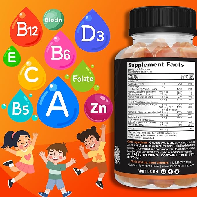 Halal Kids Multivitamin Gummies | Vitamin C, D, Zinc, A, E, B6, B12, Biotin, Folate, Inositol | Strengthen Metabolism, Bones & Immunity | Vegetarian | Gluten Free | 90 Count