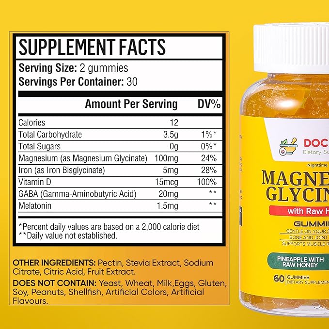 Magnesium Glycinate Gummies 100mg for Kids and Adults- Bedtime Formula, Deep Calm Sleep Supplement - Glicinato de Magnesio