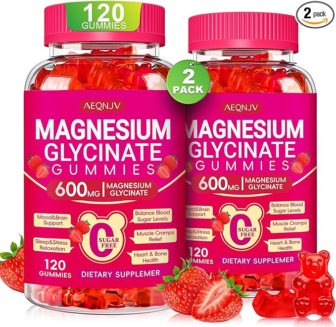 Magnesium Glycinate Gummies 600mg, Chewable Sugar Free Gummies with Magnesium Glycinate, Vitamin D, B6 and CoQ10 for Sleep, Relaxation, Brain and Muscle, 2 Pack