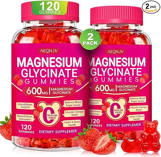 Magnesium Glycinate Gummies 600mg, Chewable Sugar Free Gummies with Magnesium Glycinate, Vitamin D, B6 and CoQ10 for Sleep, Relaxation, Brain and Muscle, 2 Pack