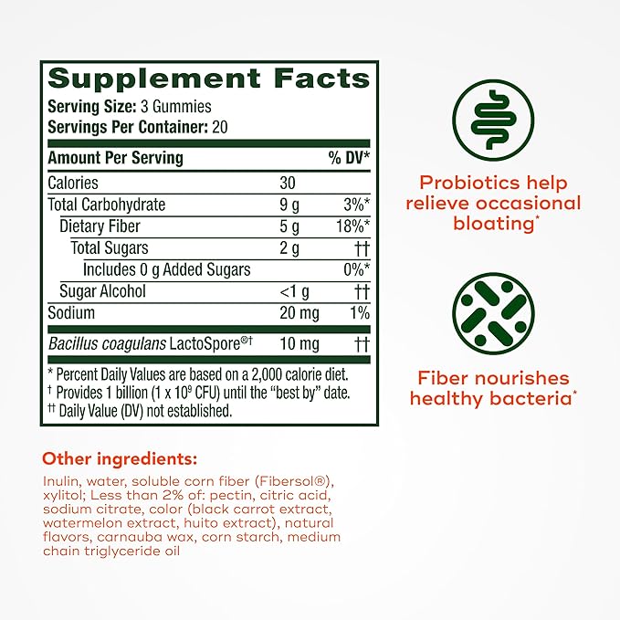Align Probiotic, Probiotics + Fiber, Probiotics Help Relieve Occasional Bloating*, Fiber Helps Support a Healthy Digestive System*, #1 Doctor Recommended Probiotic Brand‡, 60 Gummies