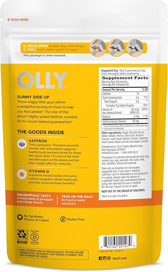 OLLY Hello Happy Gummy Worms, Mood Balance Support, Vitamin D, Saffron, Adult Chewable Supplement, Gluten Free, Tropical Zing - 90 Count