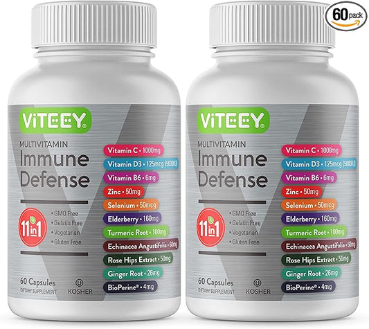 11 in 1 Multivitamin Immune Defense Supplement - Immune Booster Capsules with Vitamin D3, Vitamin B6, Echinacea, Turmeric, Rose-HIPS, Selenium, BioPerine, Ginger, Elderberry Vitamin C and Zinc