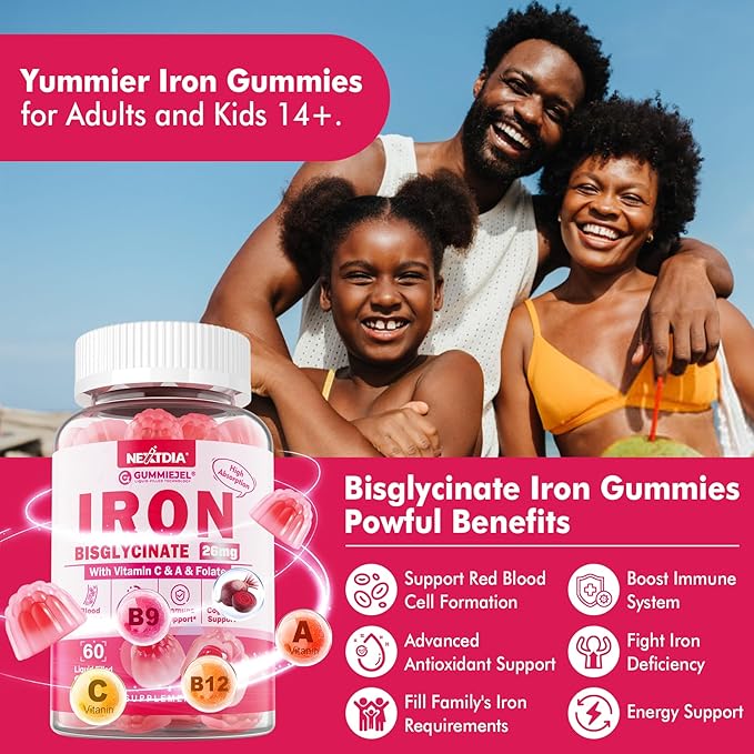 Vegan Iron Supplement for Women 26mg, Iron Gummies w/Vitamin C, Beetroot, Folate, B12, Zinc, for Iron Deficiency, Energy Boost, Non-Constipating, No After Taste, Strawberry Flavor, Sugar-Free 60Cts