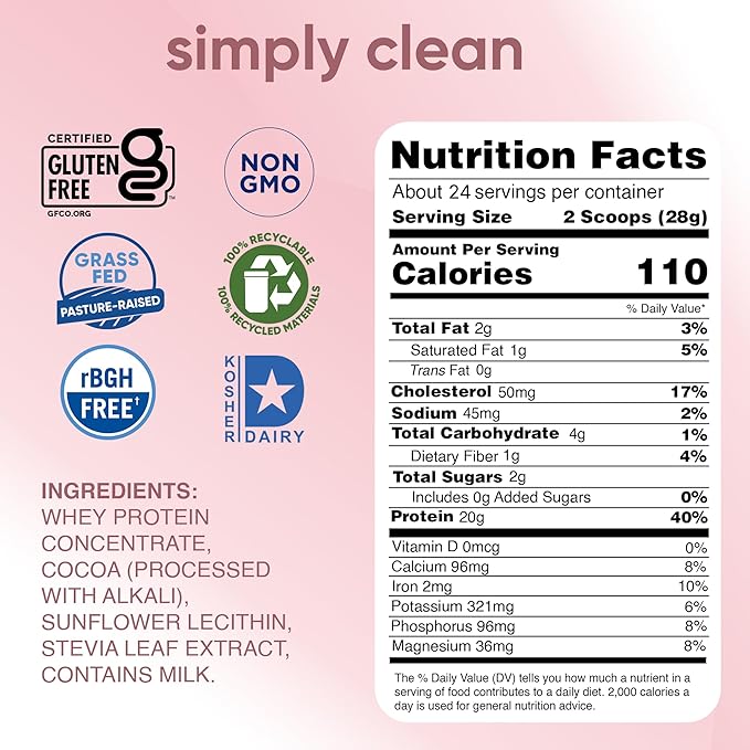 Simply tera's Pure Whey Protein Powder - Chocolate Protein Powder, Clean & Grass Fed Whey Protein, No Artificial Sweeteners, Non-GMO, Kosher, rBGH-Free, Soy-Free - Dark Chocolate, 24 oz