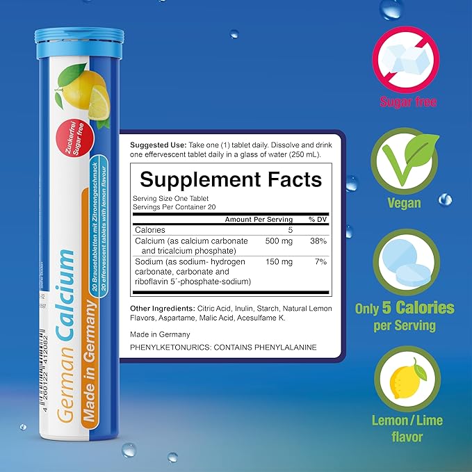 German Calcium 60 Drink Effervescent Tablets - Lemon Lime Flavour - 500 mg Calcium, Sugarfree, Vegan- T&D Pharma – Made in Germany