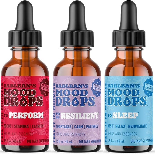Barlean's Mood Booster Supplement Bundle, Perform, Resilient and Sleep Liquid Drop Supplements for Men and Women, Adaptogen Herbs Drops, 1.5 oz