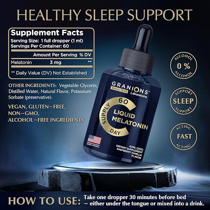 Liquid Melatonin 3mg - Liquid Sleep Aid for Adults & Kids 6 Years and Up - Sublingual Melatonin Drops for Quick Sleep and Refreshing Rest for Longer - 60ml 60 Days Raspberry Vanilla Flavor Melatonina