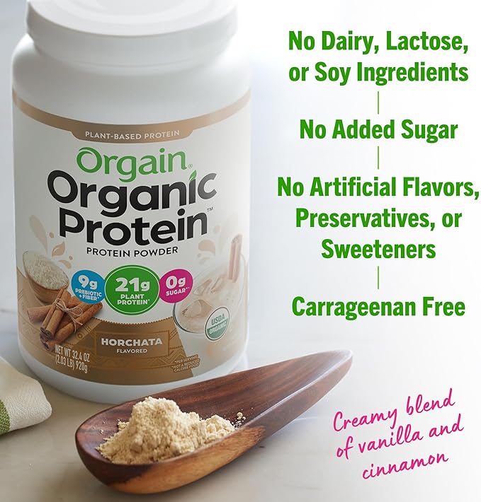Orgain Organic Vegan Protein Powder, Horchata - 21g of Plant Based Protein, Low Net Carbs, Gluten Free, Lactose Free, No Sugar Added, Soy Free, Kosher, Non-GMO, 2.03 Lb