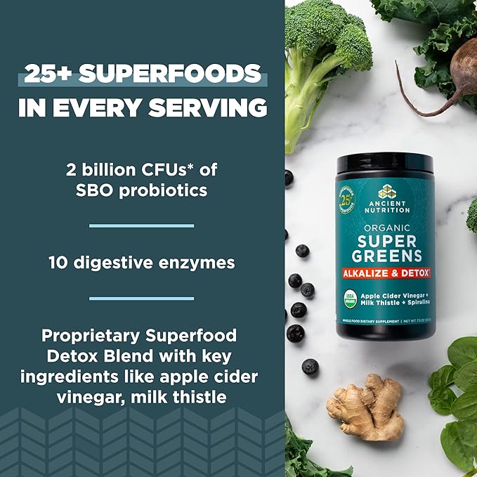 Supergreens Alkalize & Detox Powder by Ancient Nutrition, Organic Superfood Powder Made from Real Fruits, Vegetables and Herbs, for Digestive and Energy Support, 25 Servings, 7.5oz