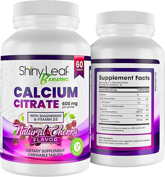 Shiny Leaf Bariatric Calcium Citrate Chews - 600mg, with Vitamin D 3 Plus Magnesium - Chewable Supplements for Women and Men, Bariatric Patients Vitamins for Bone and Joints Health, 60 Count, Cherry