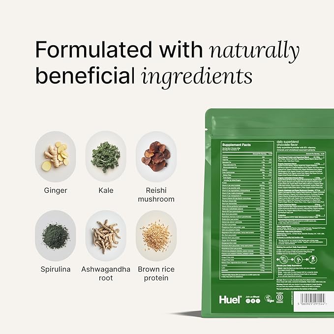 Huel Daily Superblend Vanilla Powder, 25g Plant Based Protein, Super Greens, 87 Vitamins, Minerals, and Wholefood-Sourced Ingredients, 19 Servings, Scoop not Included to Reduce Plastic