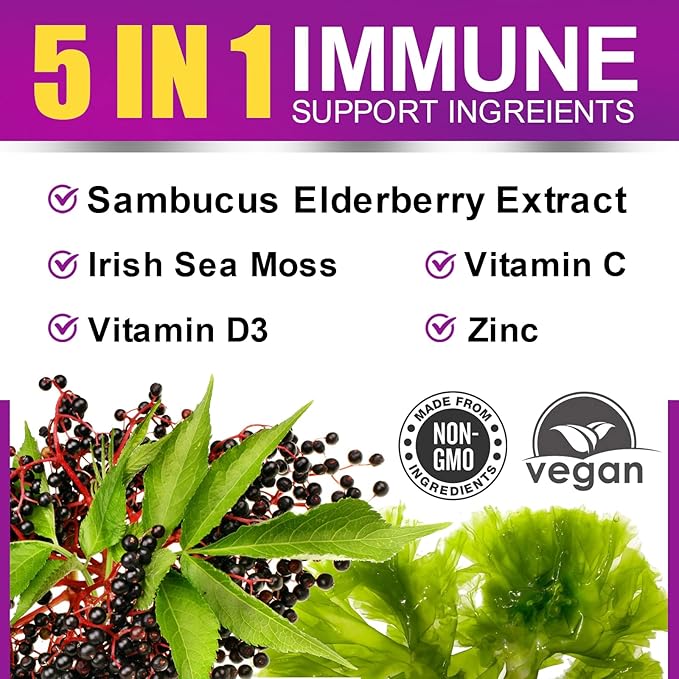 Elderberry Gummies & Irish Sea Moss, Organic Sambucus Elderberry Gummy with Seamoss, Zinc, Vitamin C, D3, Multivitamin Elderberry Vitamin Immune & Energy Support Supplements - Sugar-Free