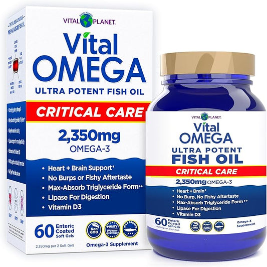 Vital Planet - Vital Omega 3 Fish Oil Critical Care Supplement with 2350mg of High Potency Wild Caught Omega 3 Fatty Acid Supplements EPA DHA and DPA for Heart Health 60 Softgels (Packaging May Vary)