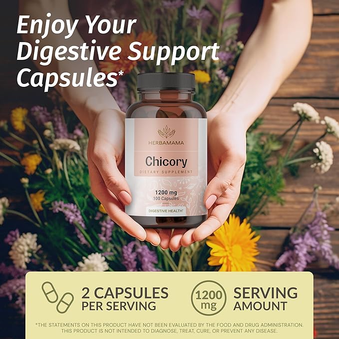 HERBAMAMA Chicory Root Fiber Capsules - 1200mg Chicory Root Powder for Gut Cleanse & Digestive Support - Vegan, Non-GMO Inulin Prebiotic Fiber Supplement, 100 Caps