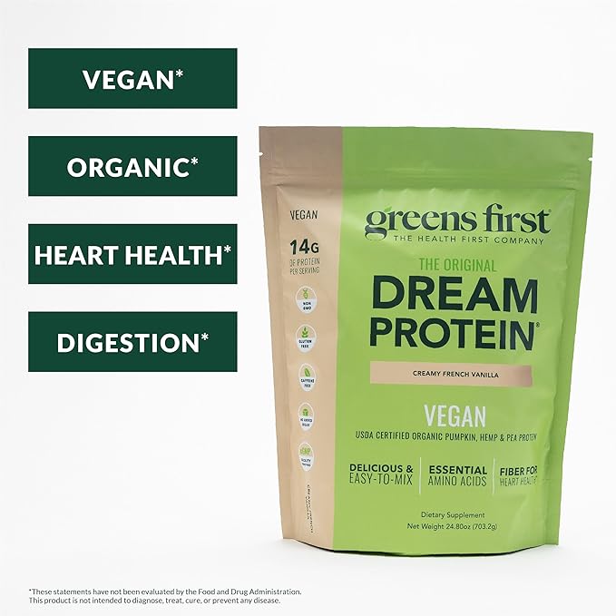 Greens First Dream Protein Plant-Based Vegan Powder - USDA Organic Pumpkin, Hemp & Pea Protein - Gluten-Free, Non-GMO, No Added Sugar (Creamy French Vanilla, 24.8 oz)