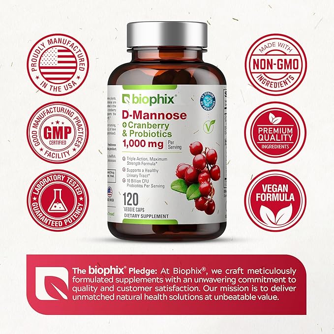 biophix D-Mannose 1000mg Capsules with Cranberry & Probiotics - D Mannose Supplements for Women - D-Mannose Pills for Urinary Tract & Bladder Health Support - Digestive Well-Being - 120 Vcaps