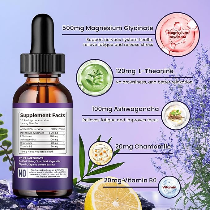 Magnesium Glycinate Supplement, Magnesium Liquid Drops with Magnesium Glycinate 500mg Vitamin B6, Ashwagandha, L - Theanine, Chamomile -Support Stress Relief, Bone, Muscle, Mood Vegan