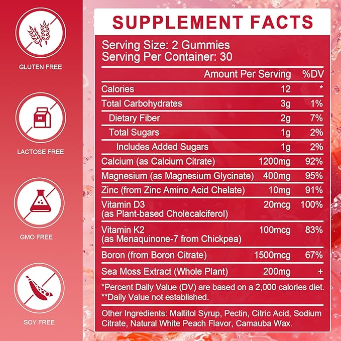Calcium Citrate 1200mg Gummies with Vitamin D3 K2 - Chewable Calcium Magnesium Zinc d3 Supplement with Sea Moss Extract for Bone, Teeth, Immune Support for Women & Men, White Peach Flavor - 60 Gummies
