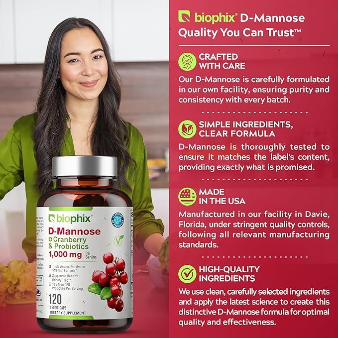 biophix D-Mannose 1000mg Capsules with Cranberry & Probiotics - D Mannose Supplements for Women - D-Mannose Pills for Urinary Tract & Bladder Health Support - Digestive Well-Being - 120 Vcaps