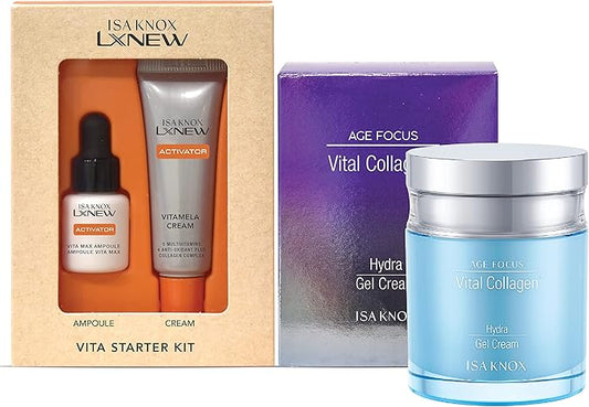 ISA KNOX AGE FOCUS VITAL COLLAGEN Hydra Gel Cream, LXNEW VITA MAX Ampoule, LXNEW VITAMELA Cream (15 ml/3.89 fl oz) - Korean Skin Care by LG Beauty. Vitamins C, B12 & E.