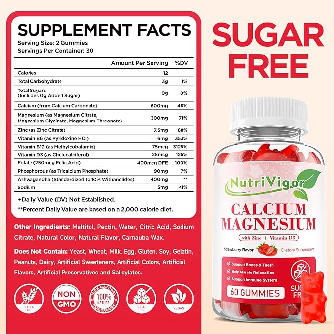 Calcium Magnesium Zinc Gummies with High Absorption Magnesium 300mg, Calcium Supplement with D3 for Bone, Muscles & Immune Support for Kids & Adults, Strawberry Flavor, 60 Count
