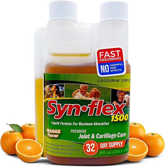 1500mg Liquid Glucosamine & Chondroitin - High Concentration Fast-Absorbing Formula Orange Flavor Helps Support Joint & Cartilage Health - with White Willow Bark, Manganese & Boswellin (32 Day Supply)