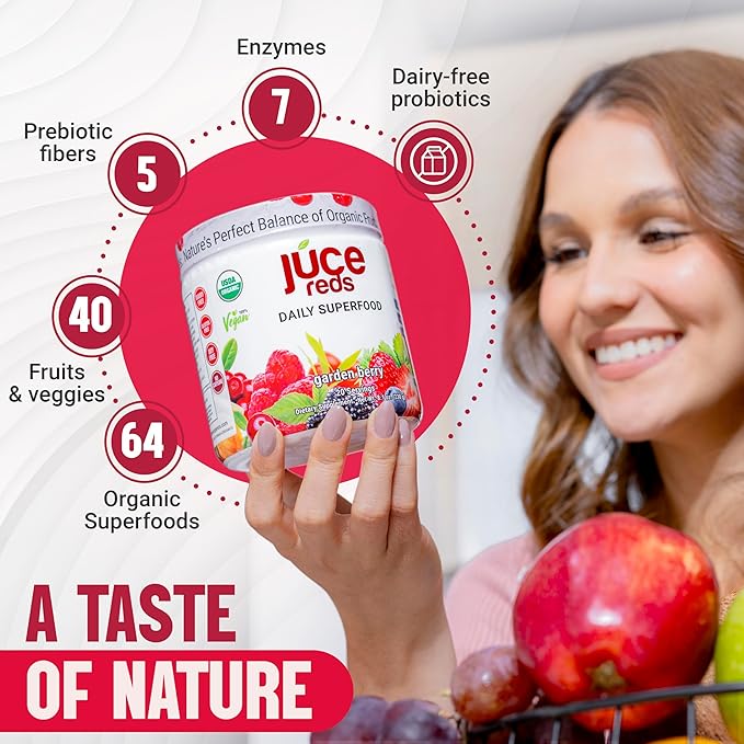 JUCE Reds Organic Superfood Powder - Garden Berry Flavor | Fruit & Veggie Powder for Everyone w/64 Immune Boosting Superfood Plus Probiotics for Gut Health | 20 Servings (230g)