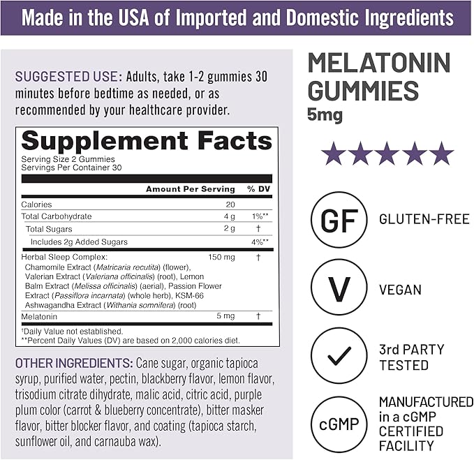 NatureWise Melatonin Gummies 5mg - Non-Habit Forming Sleep Support Supplement with Ashwagandha, Valerian Root - BlackBerry-Lemon Flavor - Vegan, Gluten Free, Non-GMO - 60 Count[30-Day Supply]