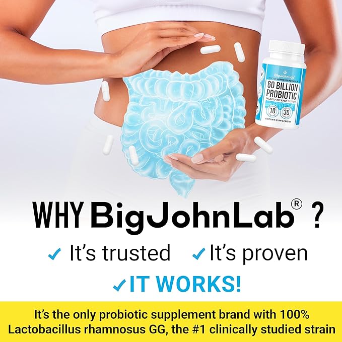 BIGJOHNLAB® - Probiotics 30capsules 1month Supply Women & Men 60 Billion CFU 10 Strains + Organic Prebiotics Immune, Digestive Gut Health Supports Occasional Constipation, Diarrhea, Gas & Bloating