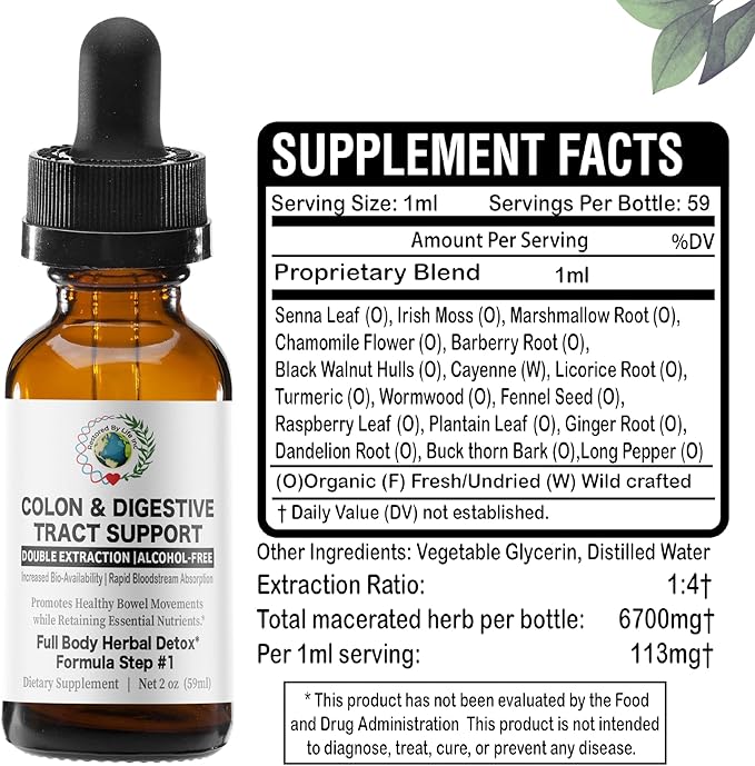 Colon Digestive Tract Support | 2 oz. Liquid Extract Tincture | Detox Cleanse Support Formula