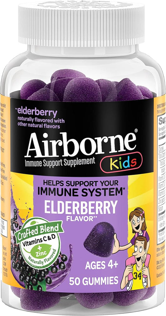 Airborne KIDS Elderberry + Zinc & Vitamin C Gummies, Kids Immune Support with Powerful Antioxidants Vit D & E - 50 gummies, Elderberry Flavor