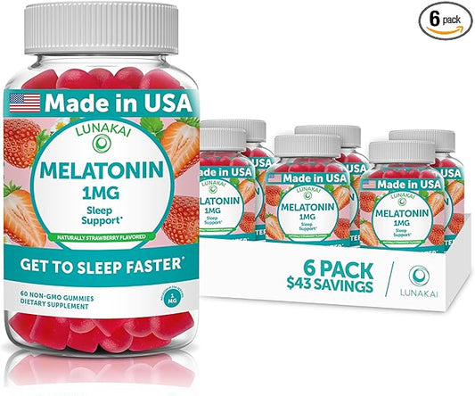Lunakai Low Dose Melatonin Gummies 1 mg - Tastiest Proprietary Formula - Non-GMO Sleep Vitamins for Adults, Kids, Toddlers - Vegan Gummy for a Gentle Sleep - Natural Sleeping Vitamins - 6 Pack