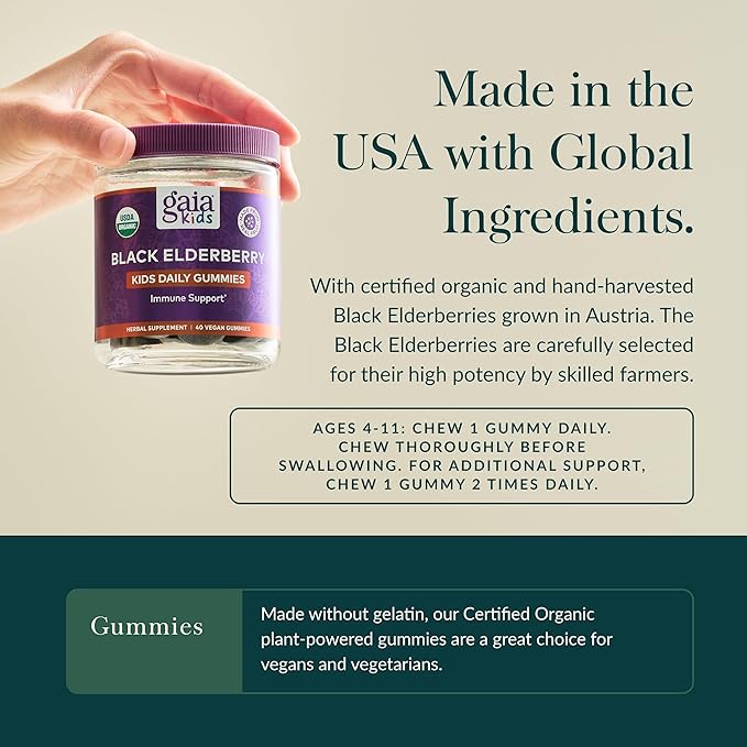 Gaia Herbs GaiaKids Black Elderberry Daily Gummies for Kids - Delicious Immune Support Supplement - Certified Organic Black Elderberries for Immune System Support - 40 Gummies (40-Day Supply)