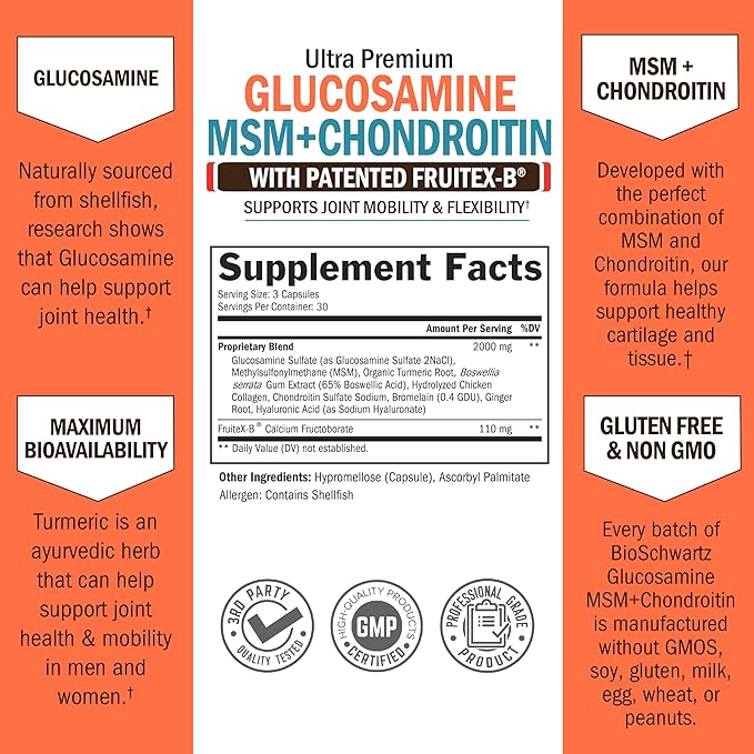 Glucosamine Chondroitin MSM Joint Support Supplement - FSA HSA Approved - Collagen Peptides, Turmeric and Ginger, Hyaluronic Acid, Glucosamine Chondroitin Sulfate - Gluten Free, Non GMO, 180 Capsules