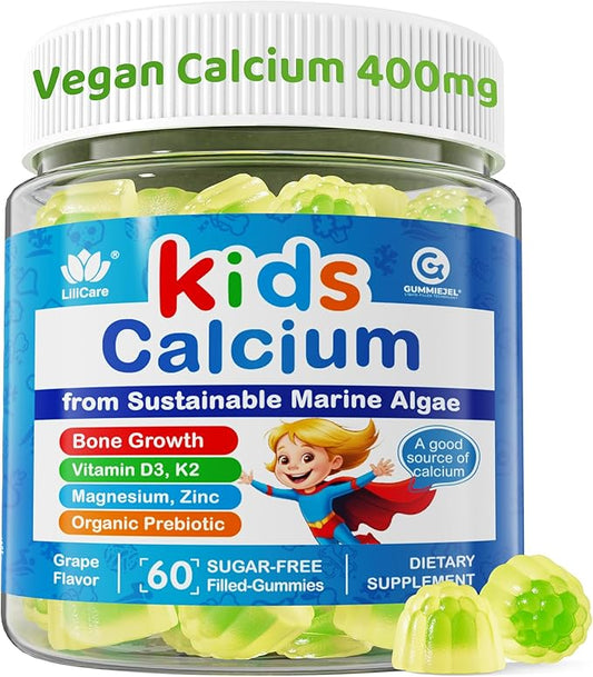 Sugar Free Kids Calcium Gummies with Prebiotics (FOS) 500mg, High Absorption Vegan Algae Calcium for Bone Growth, Kids Vitamin Gummies for Healthy Development with D3 K2, Grape Flavor, Non-GMO, 60 Cts