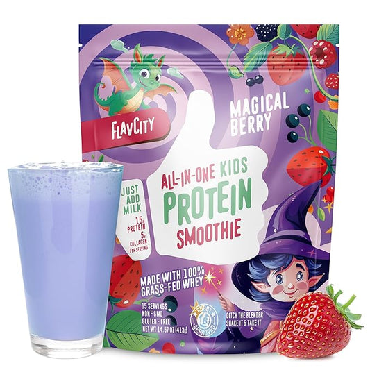 FlavCity Kids Protein Shake Powder - Magical Berry Smoothie - 15g Undenatured Whey Protein Powder for Kids - 5g Grass-Fed Bovine Collagen Peptides - Gluten-Free & Non-GMO (15 Servings)