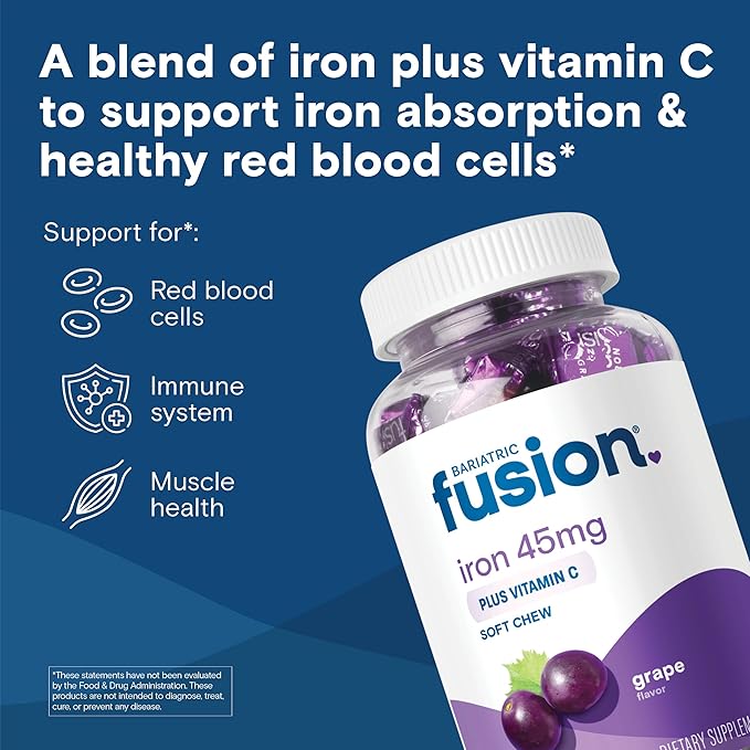Bariatric Fusion Iron Supplement for Women Anemia | Chewable Iron with Vitamin C | Grape Flavored Soft Chew | Gentle on Stomach Ferrous Fumarate for Women and Men | Gluten Free | 60 Count