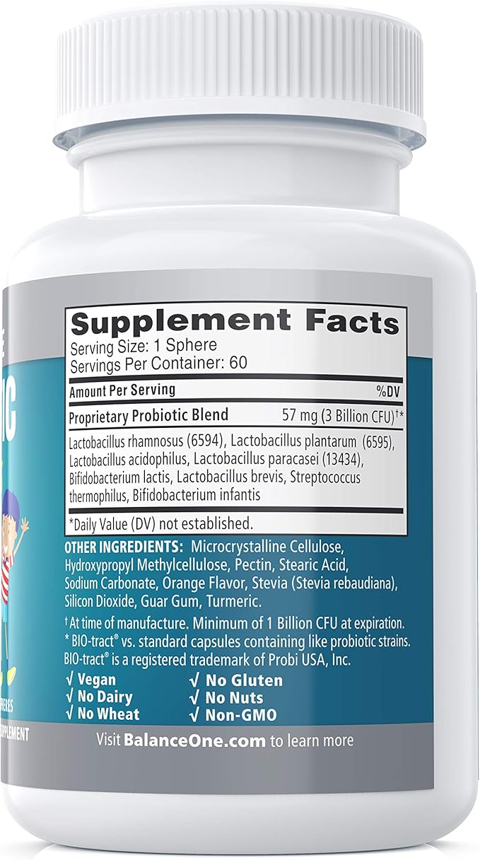 Balance ONE Time-Release Kids Probiotic - 15x Better Survivability Than Capsules or Gummies - 2 Month Supply - 3 Billion CFU Children’s Gut Health & Digestive Support - Sugar Free & Easy to Swallow