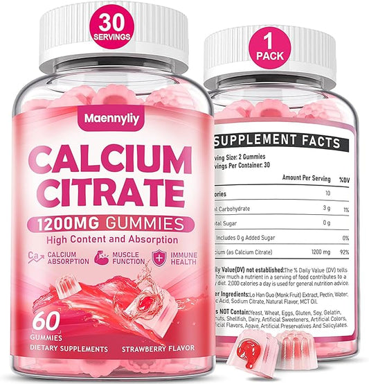 Calcium Citrate Gummies 1200 mg for Adults: Ultimate Absorption Calcium Supplement for Women & Men - Easy to Digest, Vegan - Supports B0ne Strength, Muscle, Immune