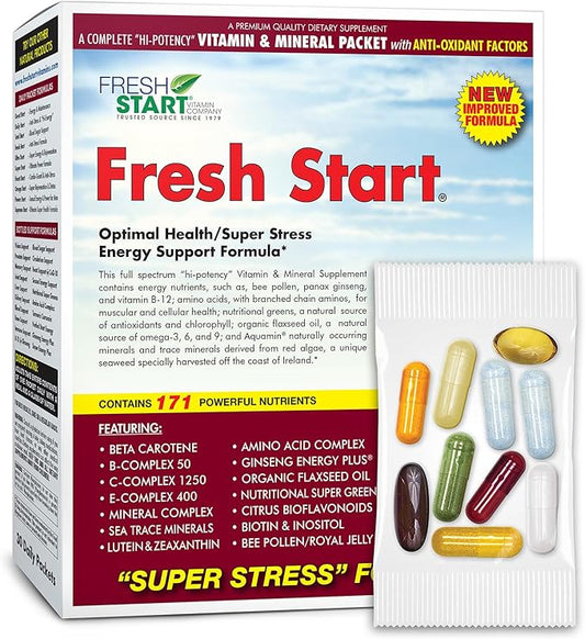 Fresh Start Complete Daily Vitamin Pack | Energy Booster & Stress Support | Vitamin A, B, C, D, E, B12, Minerals, Amino Acids, Omega-3-6-9, Panax Ginseng, Super Greens (30 Packets)