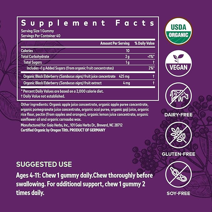 Gaia Herbs GaiaKids Black Elderberry Daily Gummies for Kids - Delicious Immune Support Supplement - Certified Organic Black Elderberries for Immune System Support - 40 Gummies (40-Day Supply)