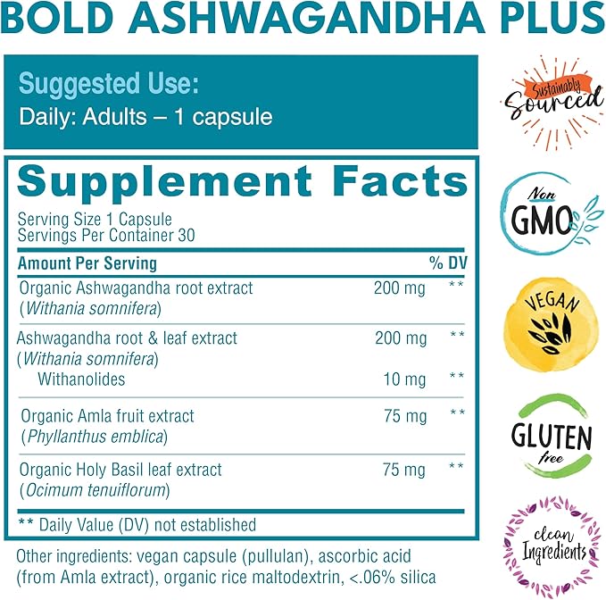 Ashwagandha Plus – Stress, Mood, Memory & Energy Support – Potent Extracts of Root and Leaf with Amla & Holy Basil – Triple Adaptogenic Formula – One Capsule Daily – 30 Vegan Caps